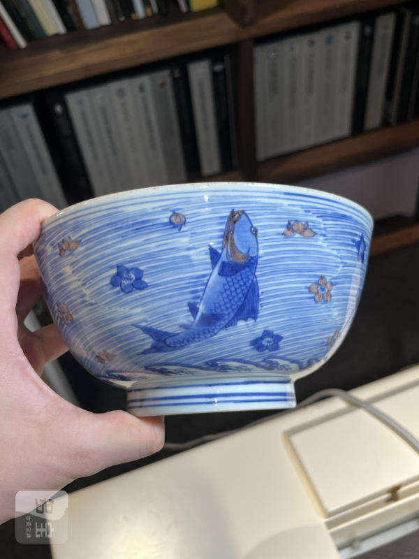 清康熙 青花釉里红鱼藻纹大碗 - 图8